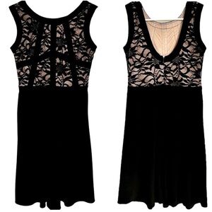 Morgan & Co. Black Swing Dress Lace Bodice with Nude Underlay Pleated Skirt 3/4